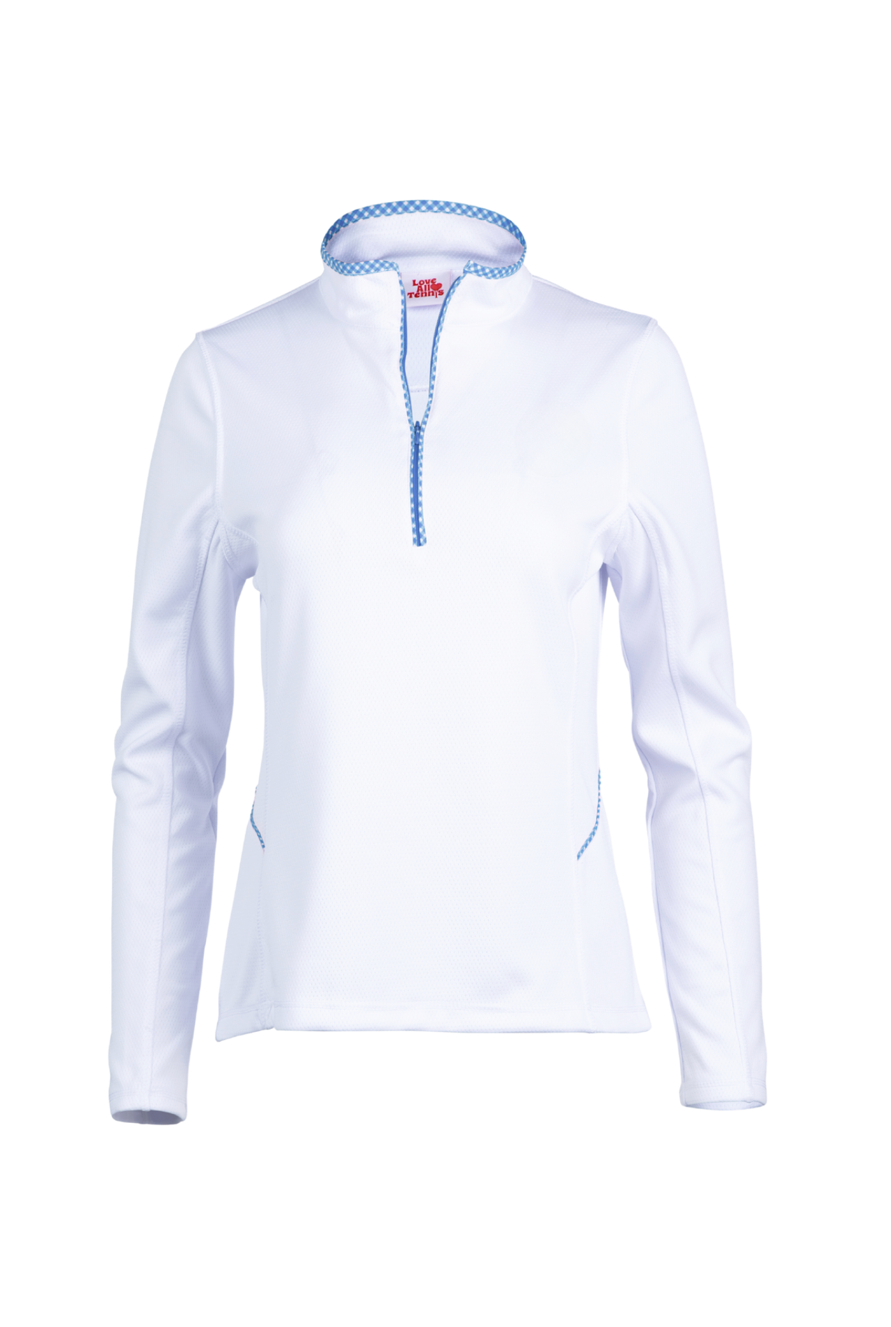 White long-sleeve shirt with blue accents on a white background