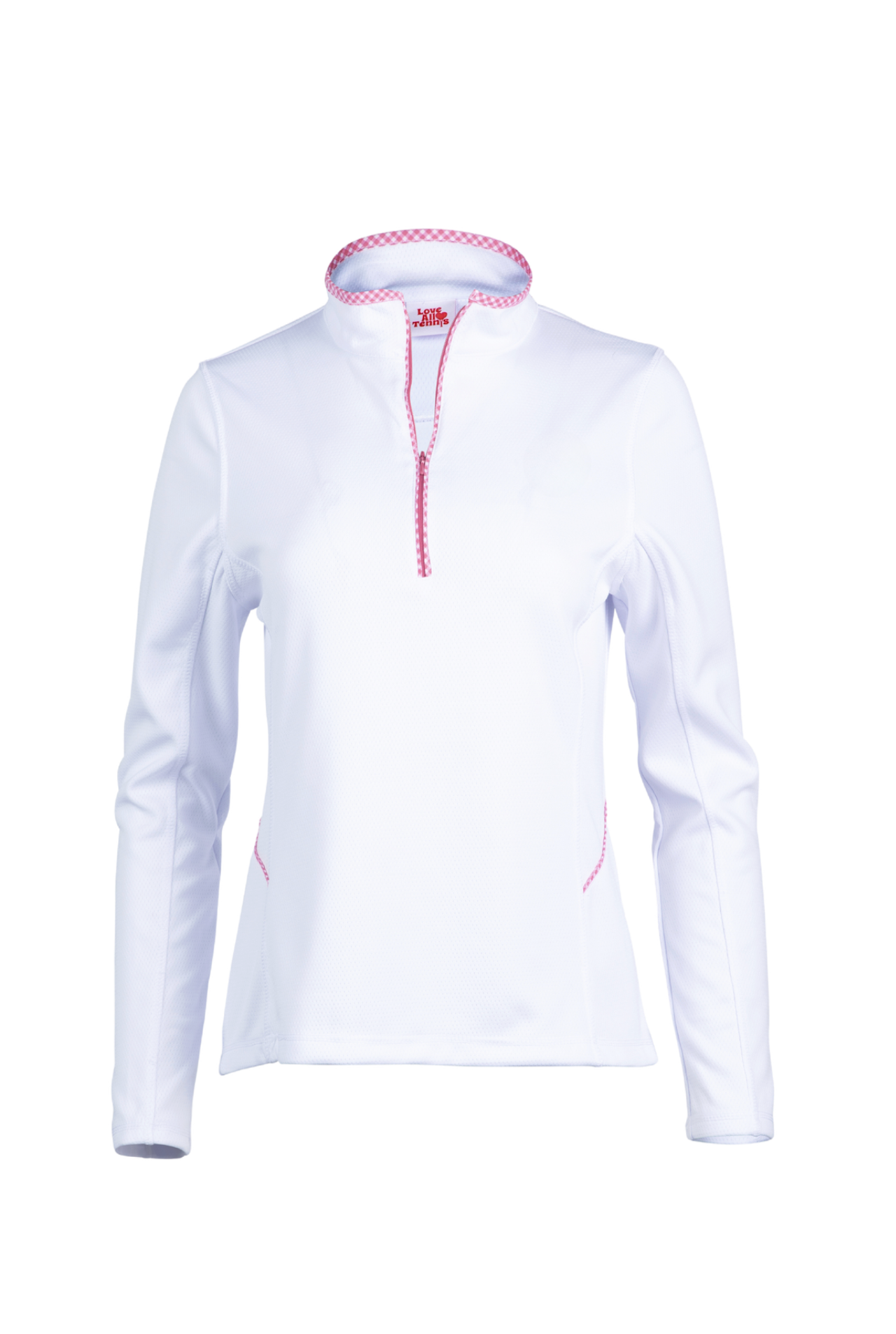 White long-sleeve shirt with pink zipper on a white background