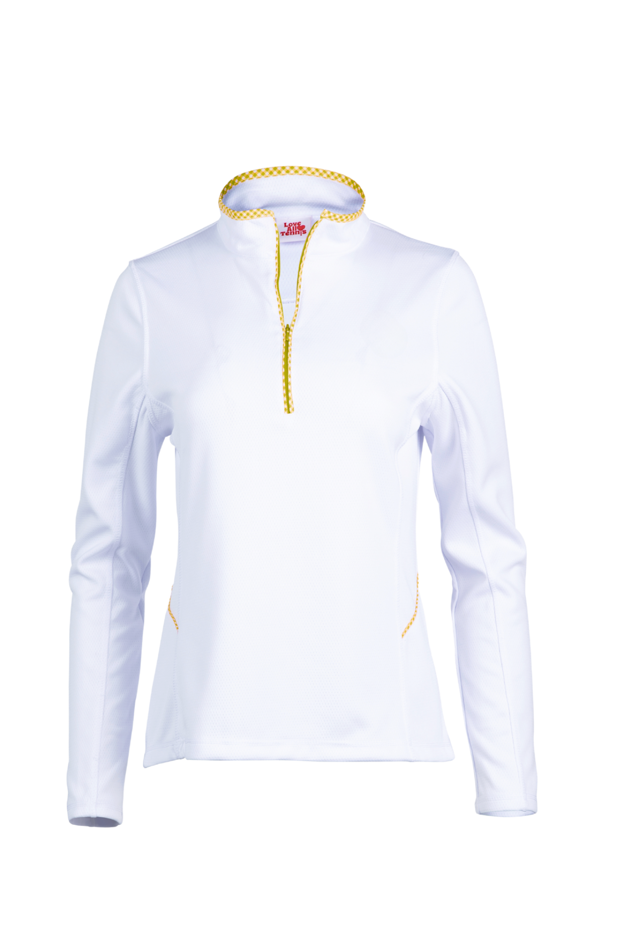 White long-sleeve shirt with yellow zipper on a white background