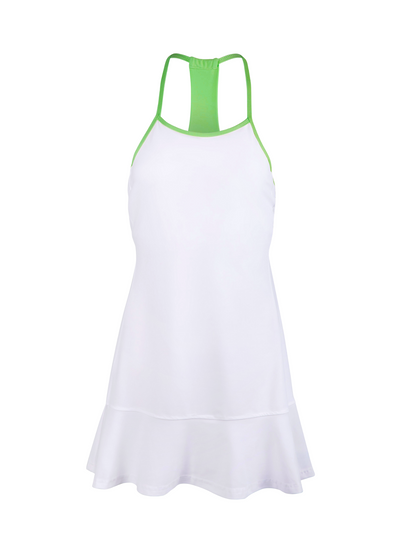 White dress with green straps on a white background