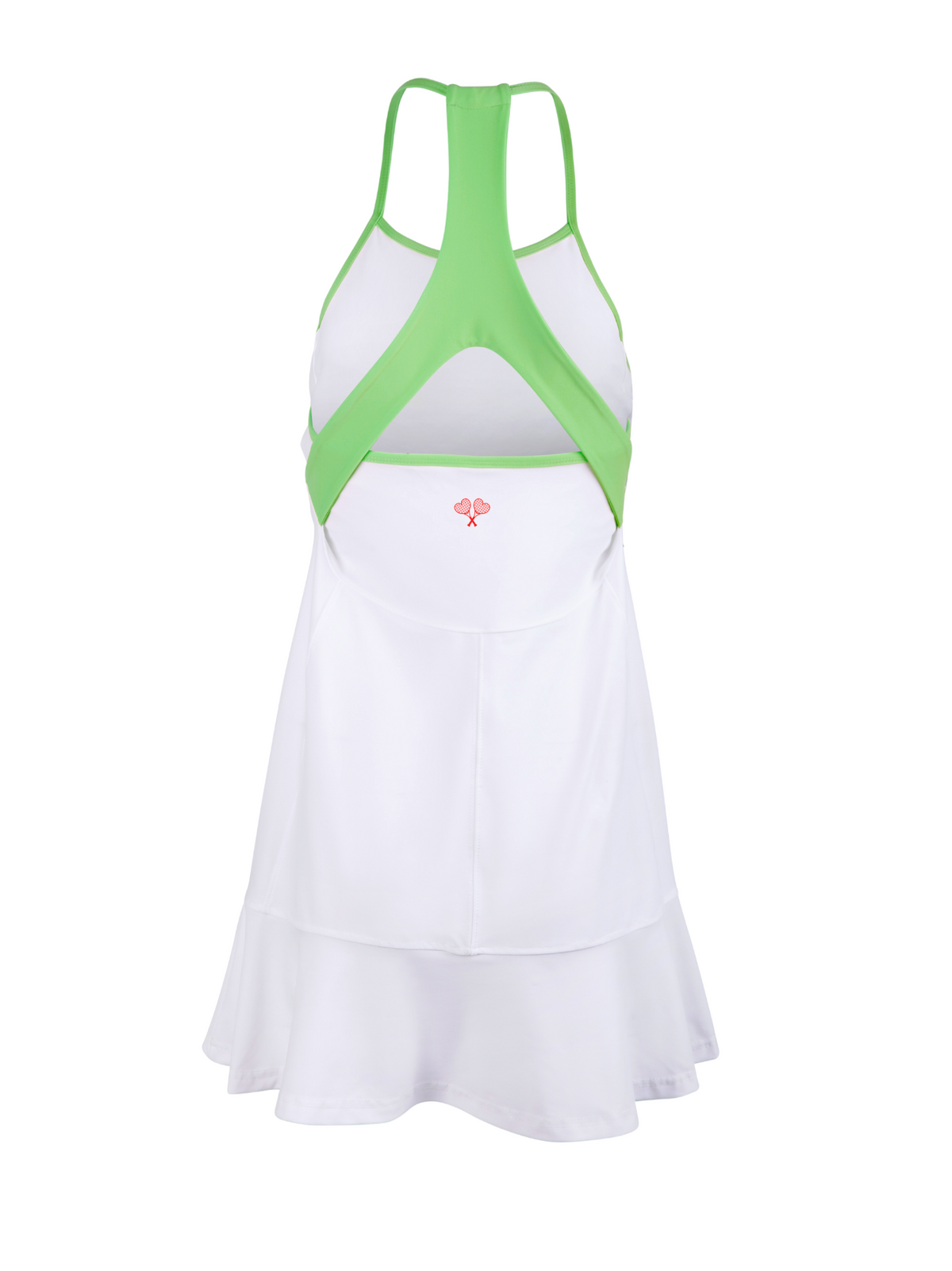 White tennis dress with green straps on a white background