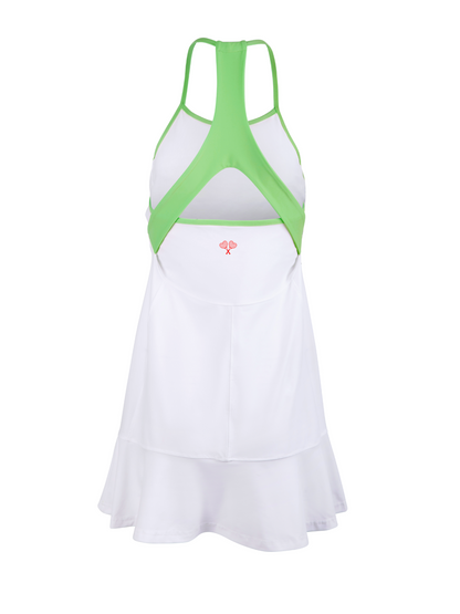 White tennis dress with green straps on a white background