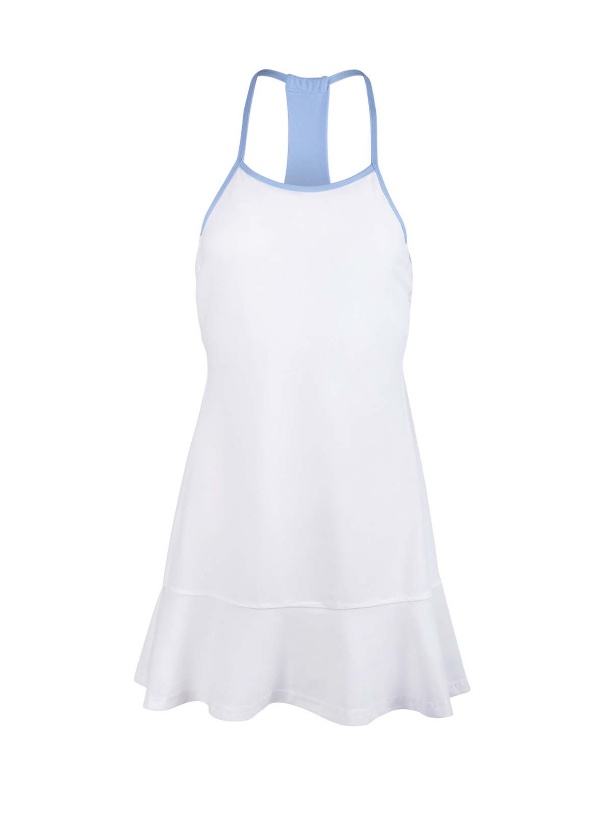 White dress with blue straps on a white background