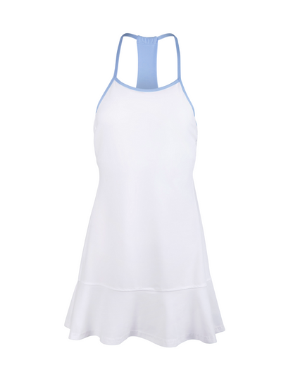 White dress with blue straps on a white background