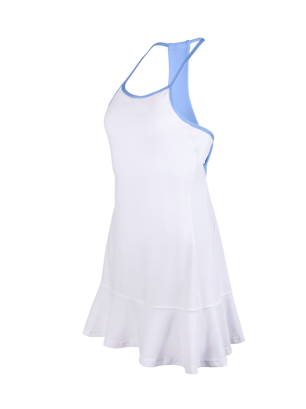 White dress with blue straps on a white background