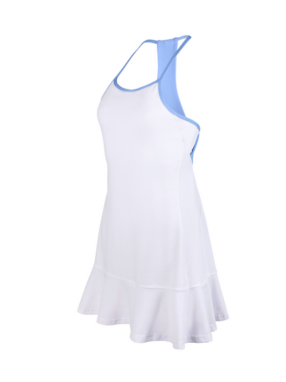 White dress with blue straps on a white background