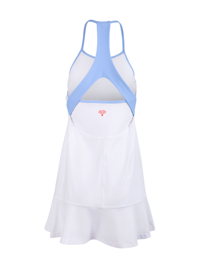 White tennis dress with blue straps on a white background