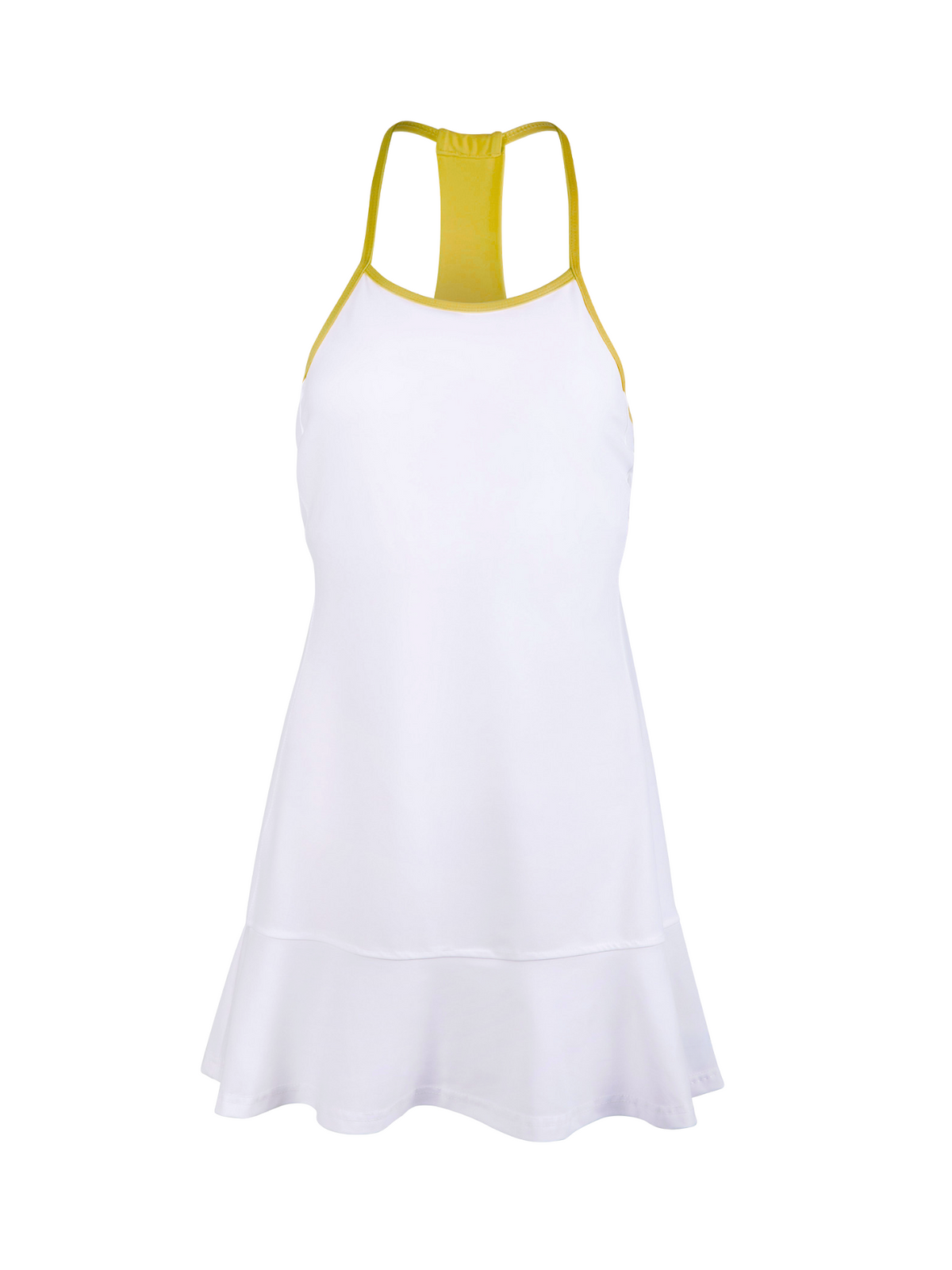 White dress with yellow straps on a white background