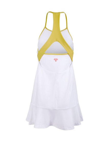 White tennis dress with yellow straps on a white background