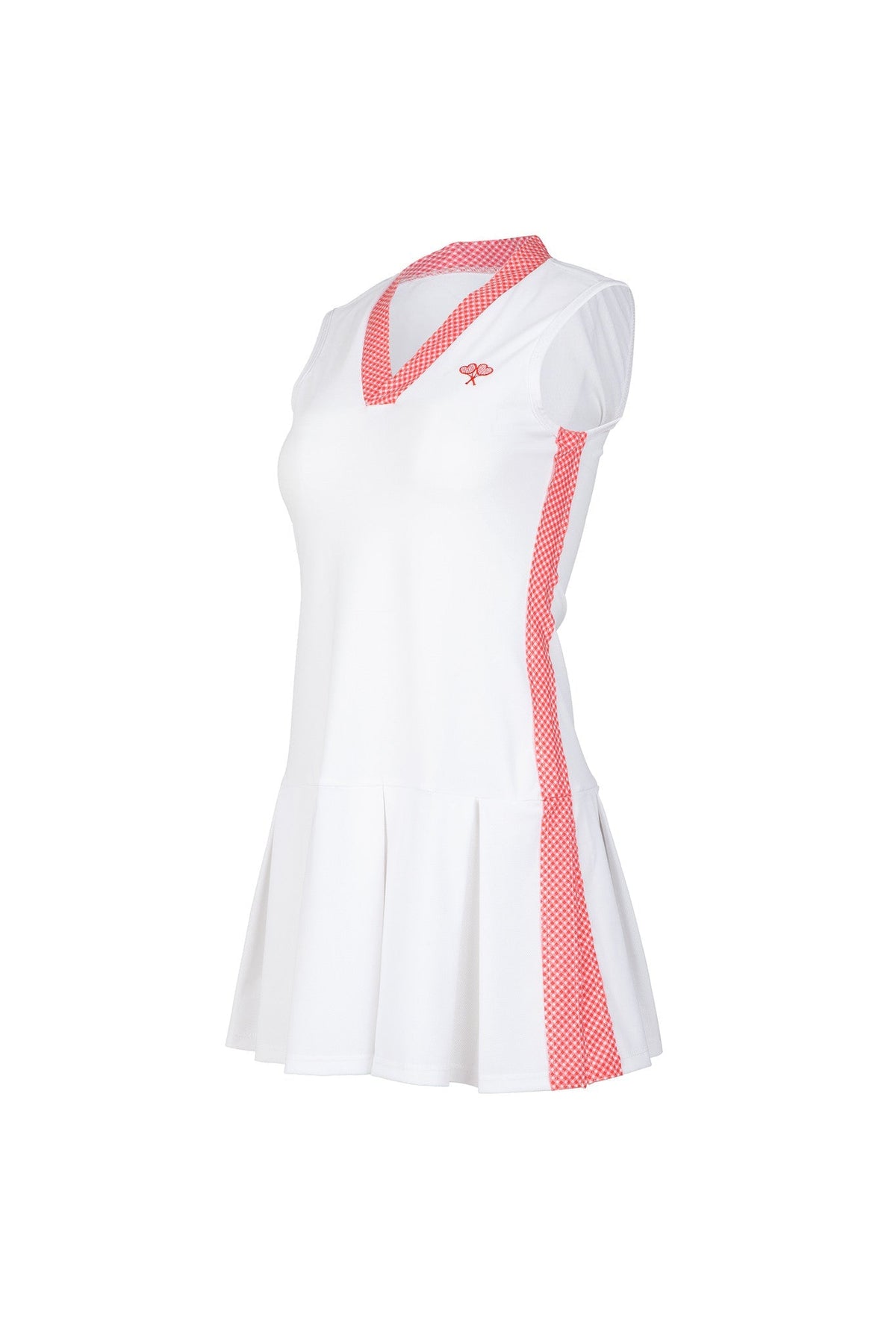 White dress with red accents on a white background