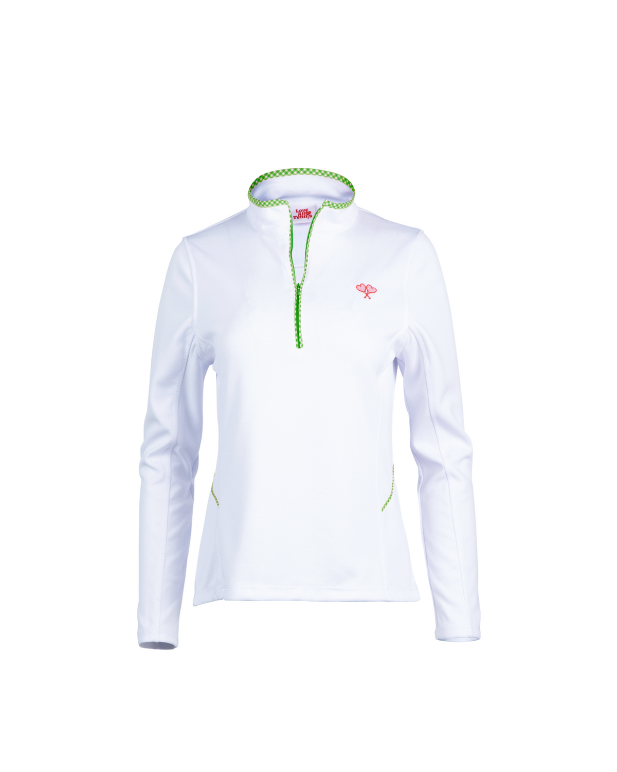 White long-sleeve athletic shirt with green accents on a white background