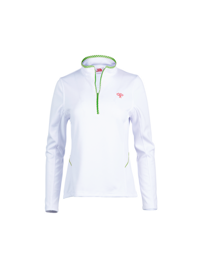 White long-sleeve athletic shirt with green accents on a white background