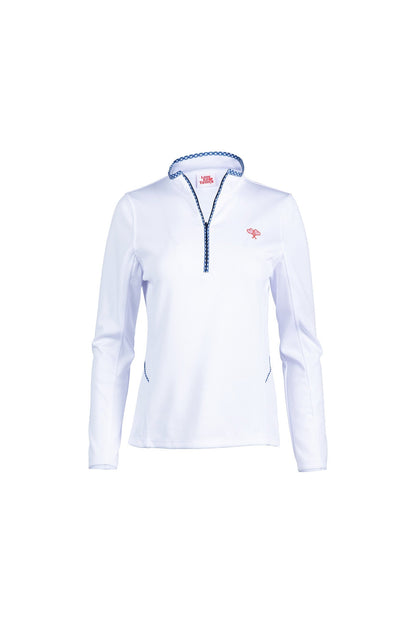 White long-sleeve shirt with a zipper on a white background