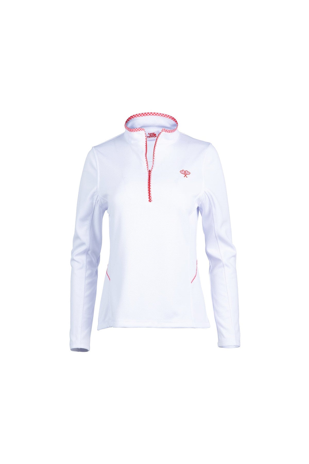 White long-sleeve athletic jacket with red zipper on a white background
