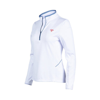 White long-sleeve shirt with blue trim on a white background
