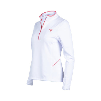 White long-sleeve athletic top with red accents on a white background