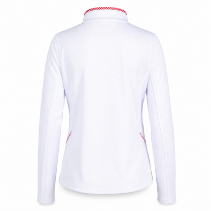 White long-sleeve athletic top shown from the back, featuring a high collar with red patterned trim and small red accent details near the lower sides.