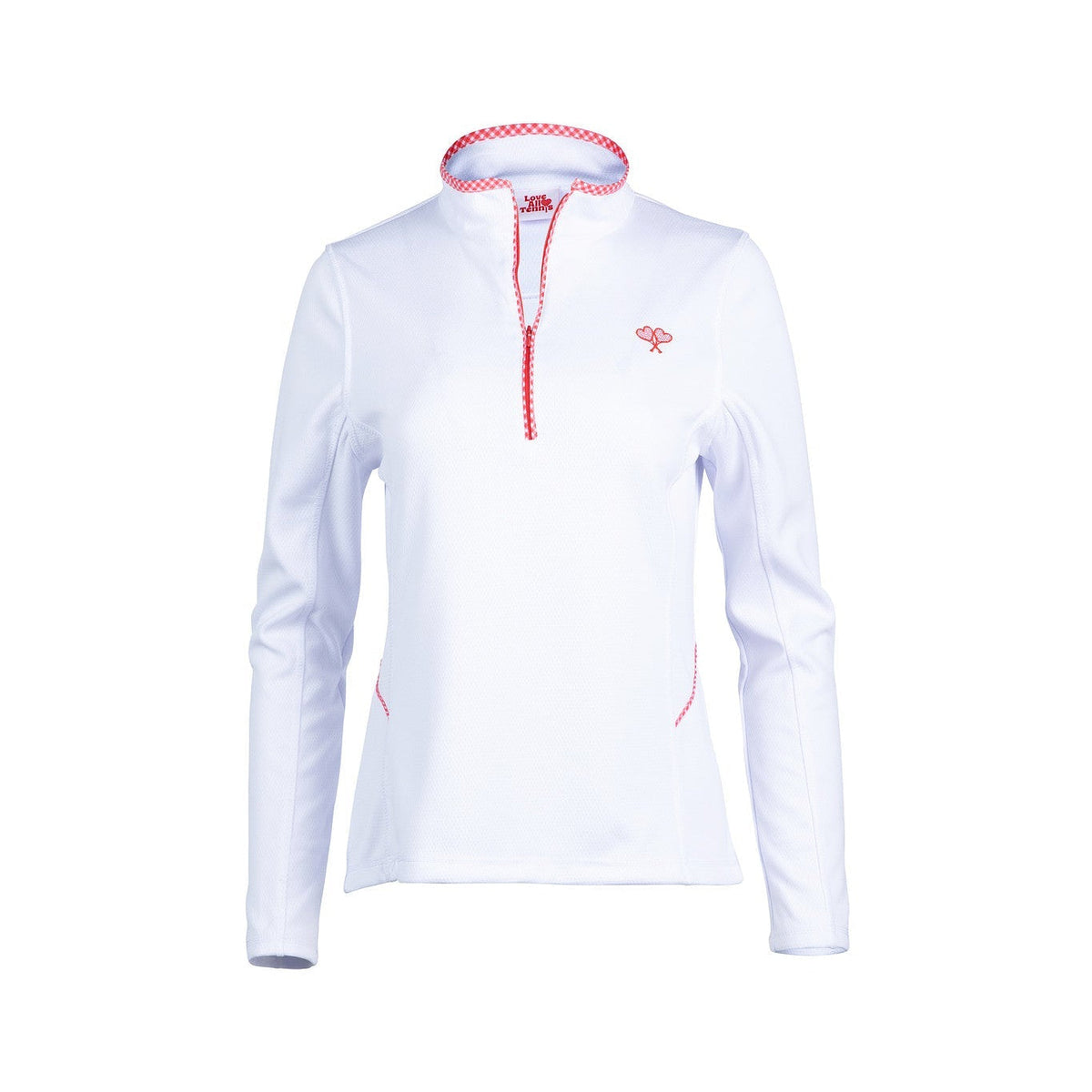 White long-sleeve athletic jacket with red zipper on a white background