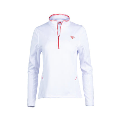 White long-sleeve athletic jacket with red zipper on a white background
