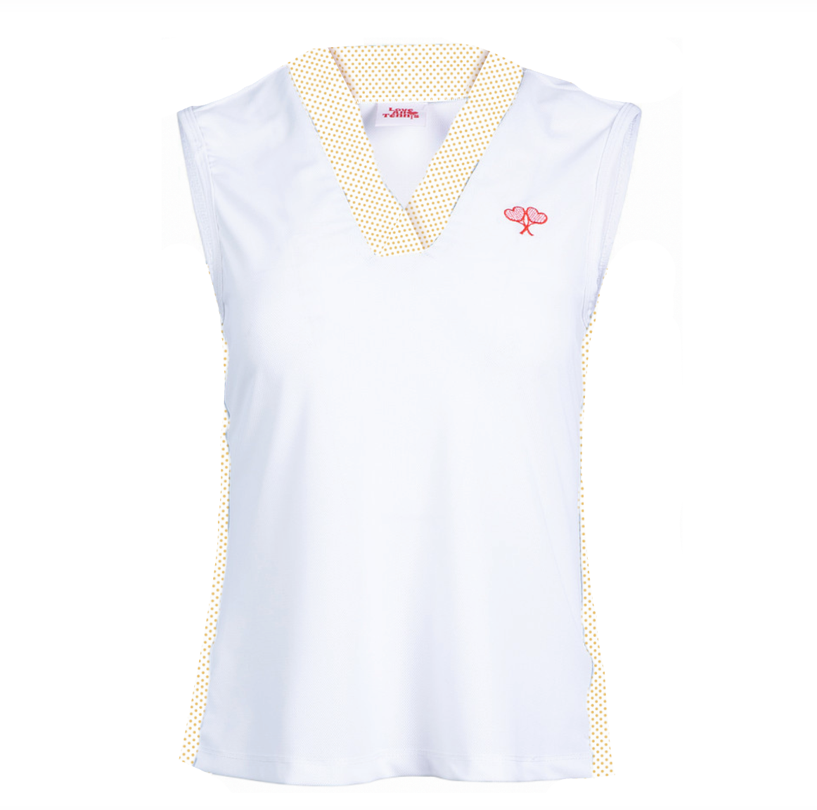 White sleeveless top with yellow polka dot trim on a white background