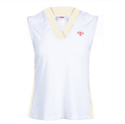 White sleeveless top with yellow polka dot trim on a white background