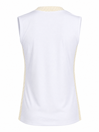 White sleeveless athletic tank top shown from the back, featuring a subtle textured pattern along the inner collar and side seams.