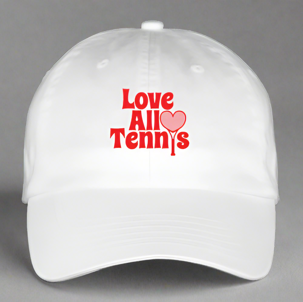 White cap with red text 'Love All Tennis' on a gray background