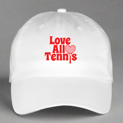 White cap with red text 'Love All Tennis' on a gray background