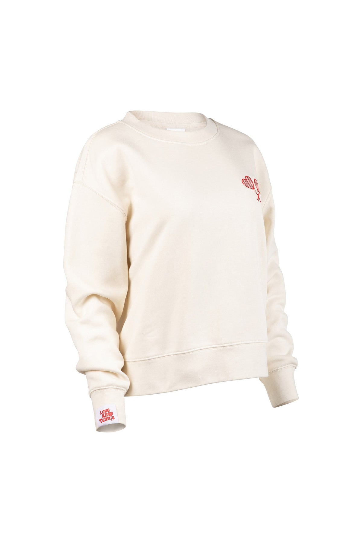 White sweatshirt with red logo on a white background