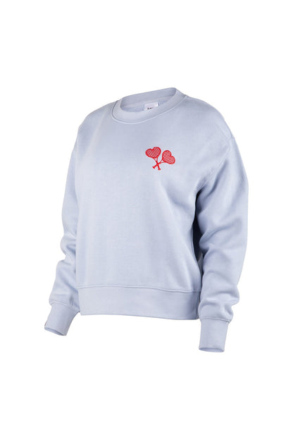 Light blue sweatshirt with a red logo on a white background