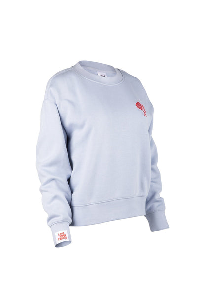 Light blue sweatshirt with a red logo on a white background