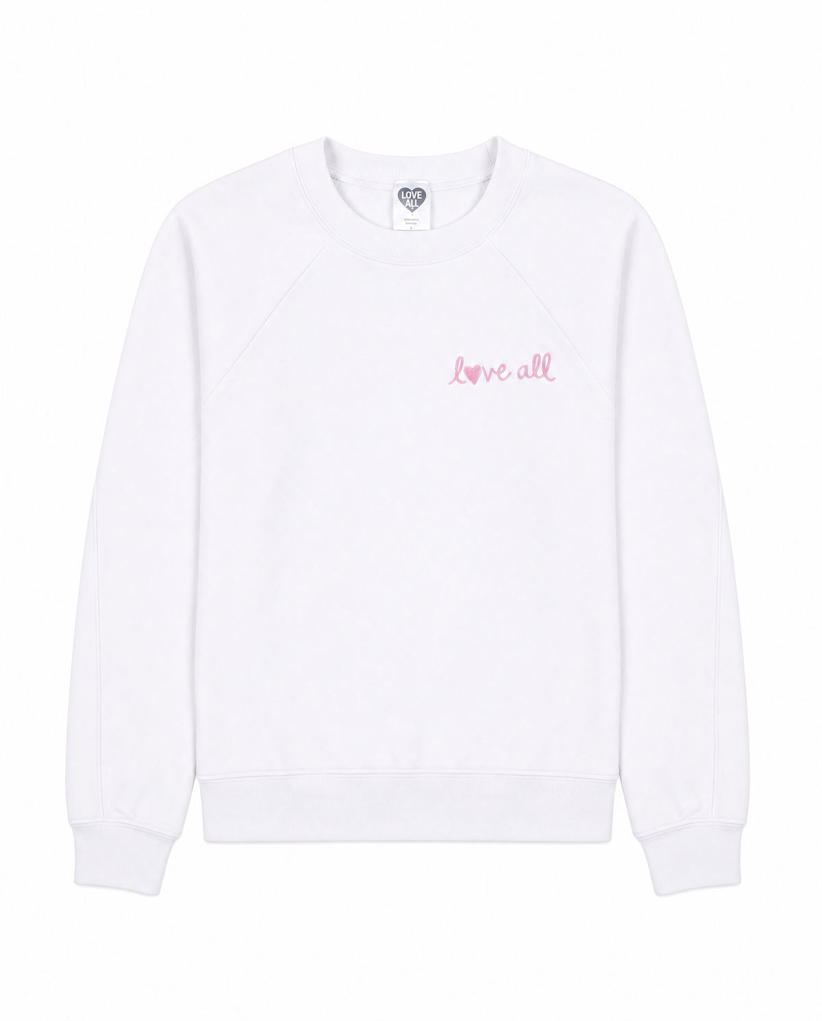 White sweatshirt with 'love all' text on a white background
