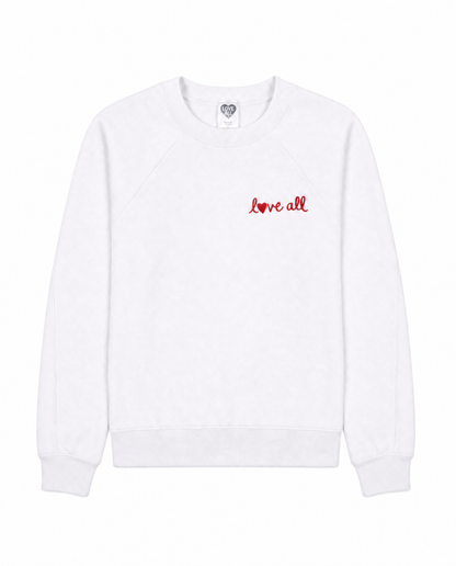 White sweatshirt with 'love all' text on a white background