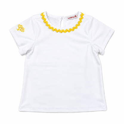 A white short-sleeve baby tee with a yellow scalloped collar and a yellow embroidered butterfly on the left sleeve, shown flat on a white background.