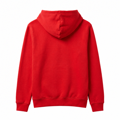 A bright red hooded sweatshirt shown from the back, photographed flat against a solid white background.