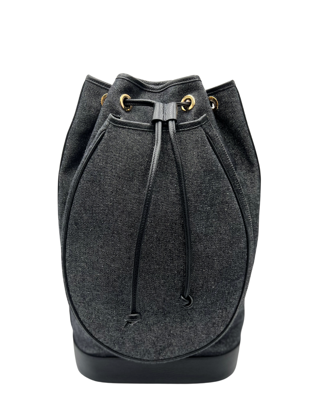 A dark gray textured bucket bag with black drawstrings and gold-tone metal eyelets, shown against a plain white background.