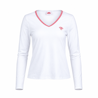 A white long-sleeve V-neck athletic top with pink trim along the neckline and logo on the left chest, displayed on a clean white background.