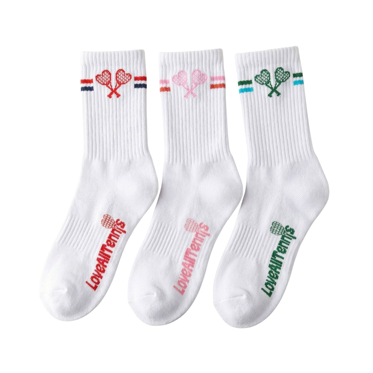 Three white socks with colorful designs and text on a white background